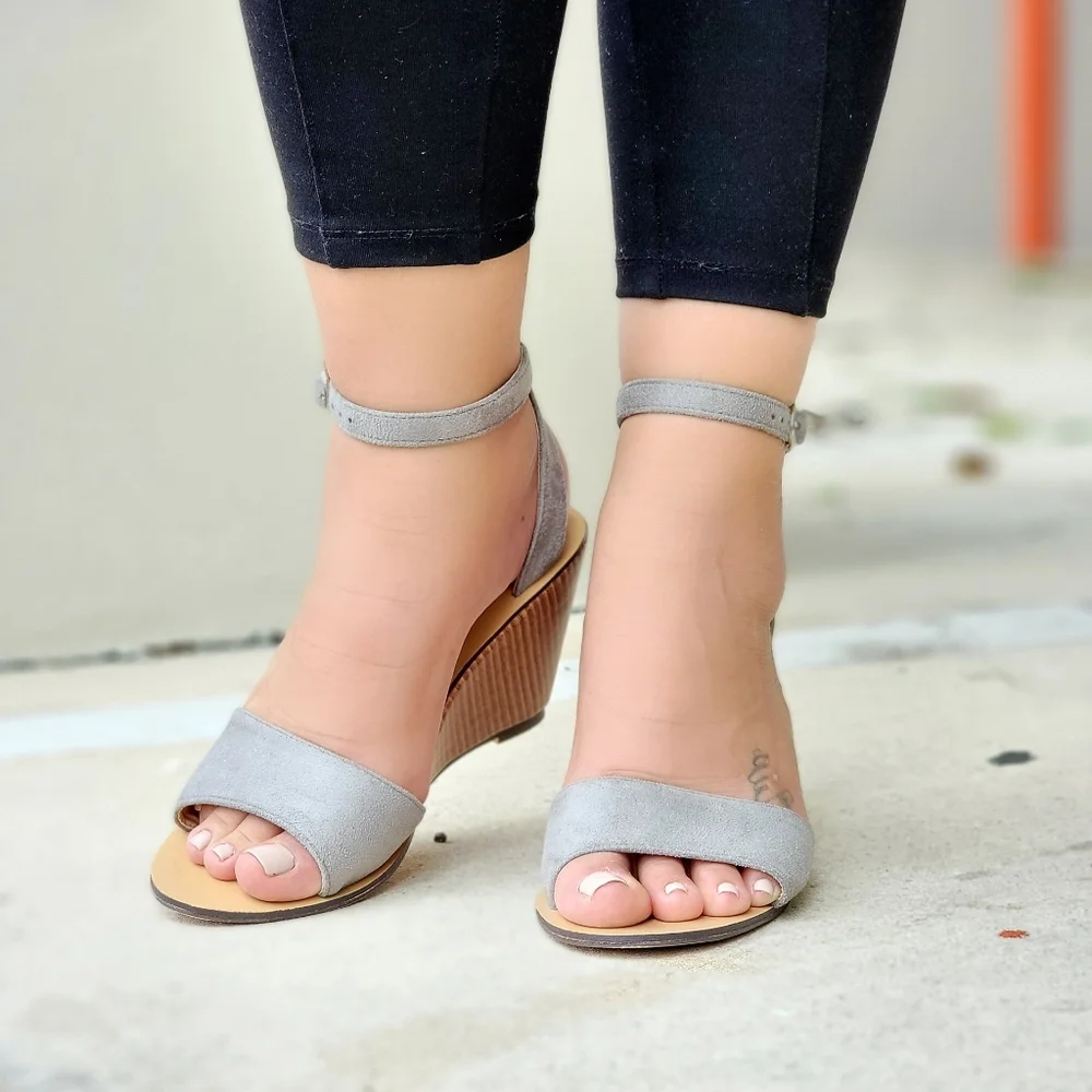 Grey Suede Wedge Sandals Women’s Buckle Closure Shoes